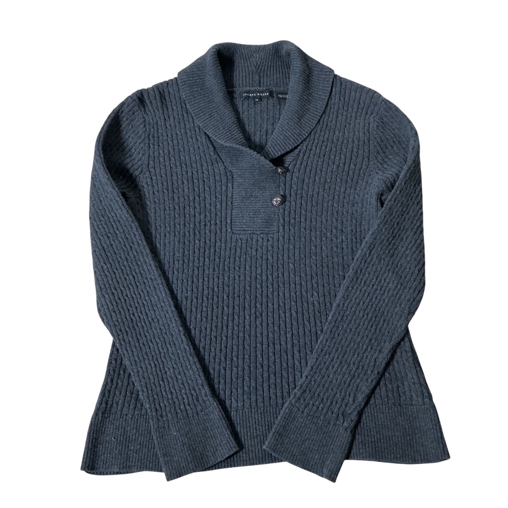 Jeanne Pierre Dark Academia Cable Knit Shawl Collar Sweater Women M Gray Preppy